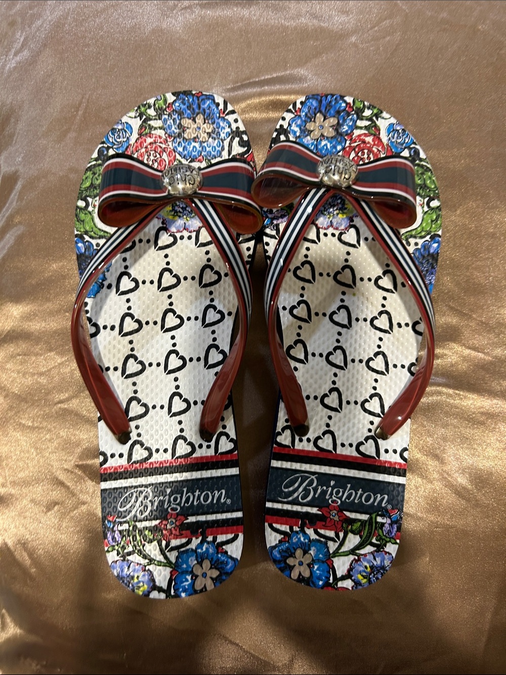 Brighton Women's Floral Heart-Print Flip Flops with Red Bow Straps